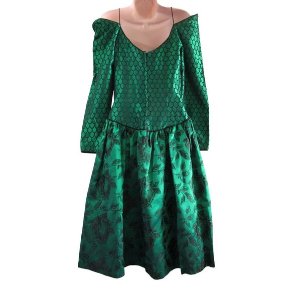Vintage Emerald Green Black Scale Floral Damask Cocktail Formal by Moza USA Made - Picture 8 of 12